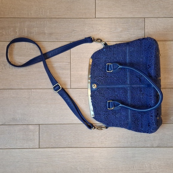 Darling Royal Blue Vegan Leather & Lace Overlay Purse Crossbody Bag - Picture 1 of 12